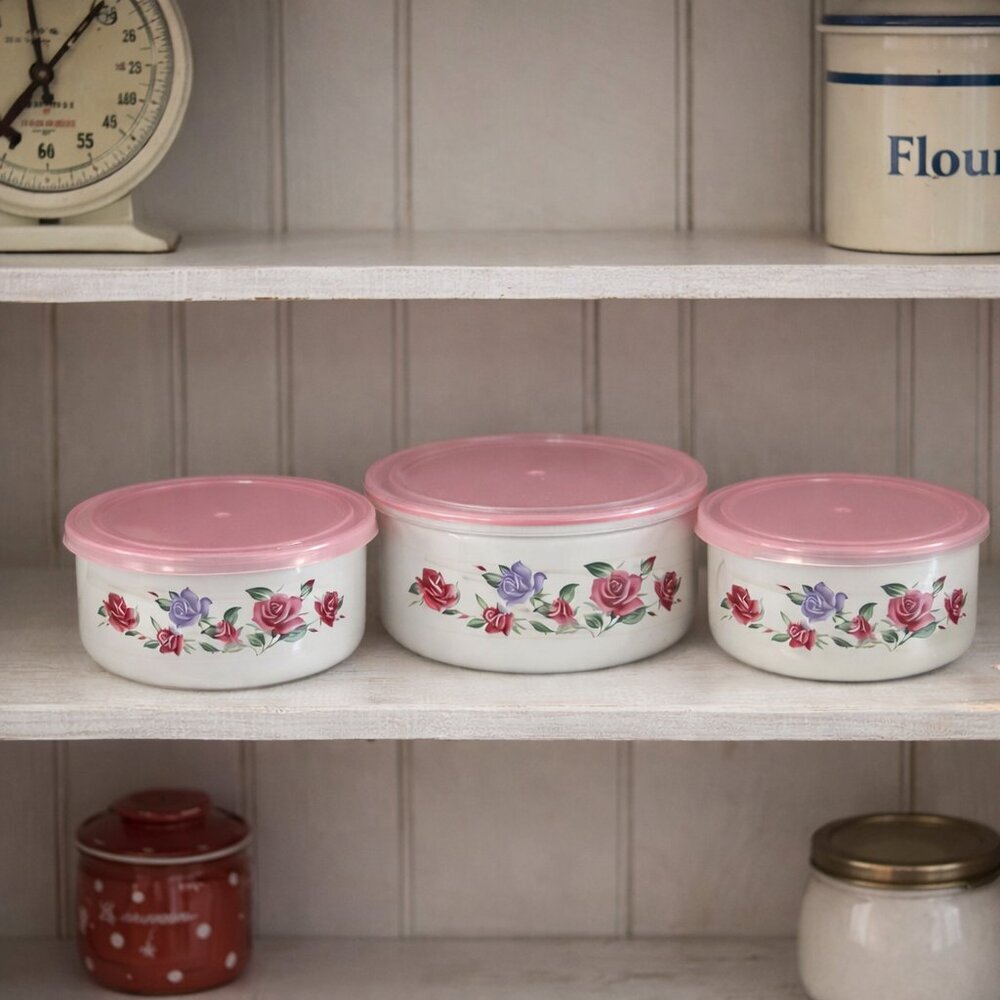 Vintage 1970s GMI Porcelain on Steel Floral Enamel Nesting Bowls with Pink Lids